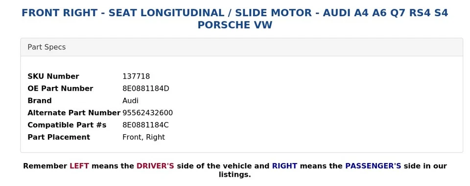 FRENTE DIREITA - ASSENTO LONGITUDINAL / MOTOR DESLIZANTE - AUDI A4 A6 Q7 RS4 S4 PORSCHE VW - Imagem 4 de 4