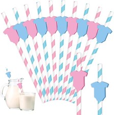60Pcs Gender Reveal Paper Straws Boy or Girl Drinking Straws Blue Pink Stripe