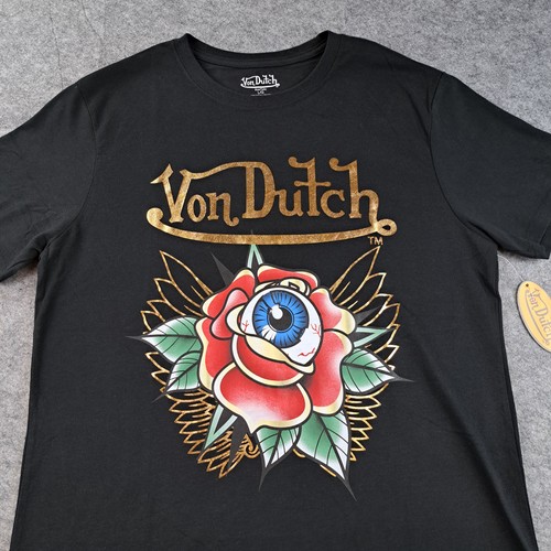 Von Dutch Shirt Uomo Grande Nero Tatuaggio Arte Rosa Occhiello Grafica Oro Logo Tee - Foto 3 di 10