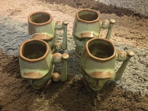 Set Of (4) Prairie Green Frankoma Baseball Mugs 1978 #602 Figural Ball Bat Handl