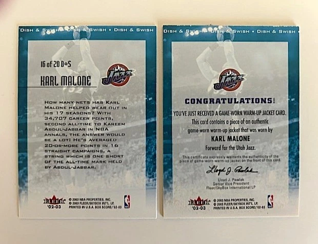 KARL MALONE 2003 Fleer Box Score (2) Dish & Swish Game Worn Jkt & Regular Card - Image 2 of 2