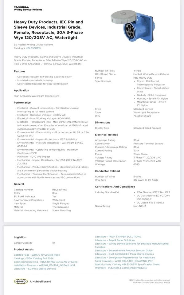 Hubbell HBL530R9W Pin And Sleeve Receptable Watertight 30A 4P 5W 3Ph 120/280VAC - Image 2 of 3