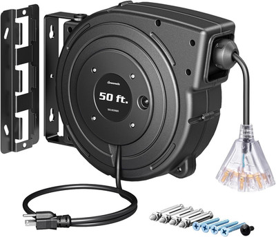 Retractable Extension Cord Reel, 50FT Heavy Duty Power Cord, 14/3AWG SJTOW, Ligh