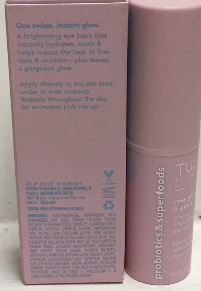 TULA Skincare ~ Rose Glow + Get It bálsamo refrescante e iluminador para ojos 0,35 oz/10 g nuevo en caja Foto 2 de 2