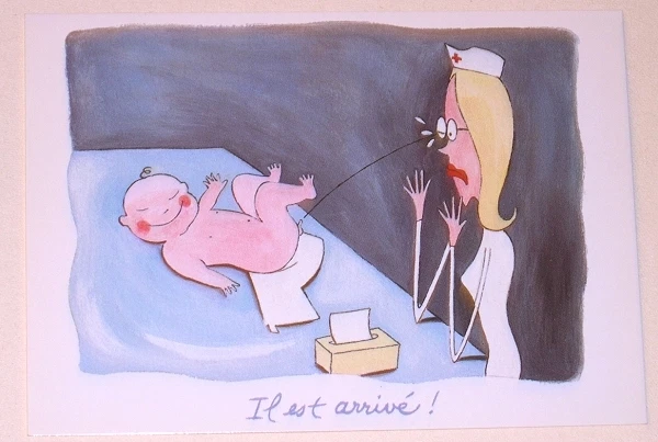 CP Fantaisie : Illustration Eric TURLOTTE : La naissance - Il est arrivé !