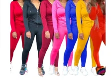 USA Women Zipper UP Long Sleeve Hooded Jackets Top +Pencil Pants Two Piece Set