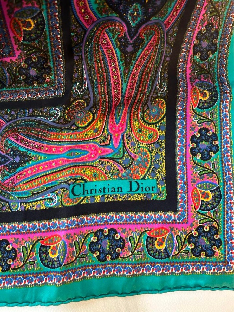 Christian Dior ターコイズグリーン ストール 100%ウール Christian Dior large scarf 85cm 33″ square silk paisley