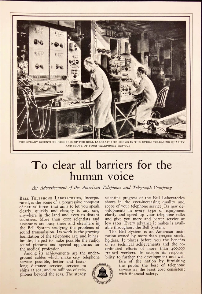 Teléfono Campana AT&T 1931 borra todas las barreras para la voz humana anuncio impreso vintage Foto 2 de 2