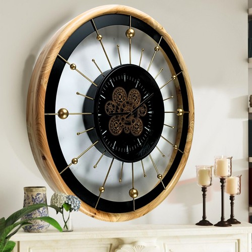 The Gears Clock SPAIN LINE WALL CLOCK ROUND 32 INCH "BARCELONA" BLACK AND WOOD - Picture 4 of 24