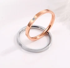 Silver Rose Gold Plated 2mm Stainless Steel CZ Inlay Stackable Ring Band Sz 3-10