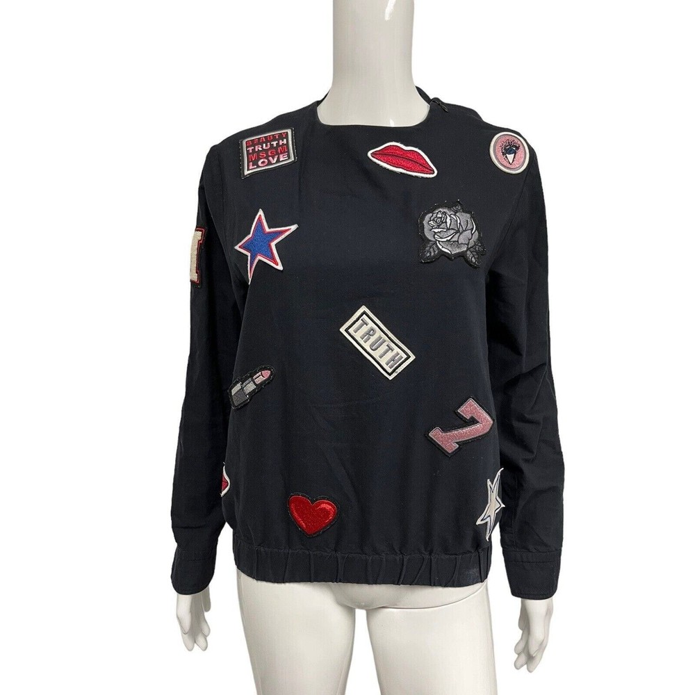 MSGM Black Cotton Embroidered Patch Pullover Sweatshirt Top Size 42 US 6