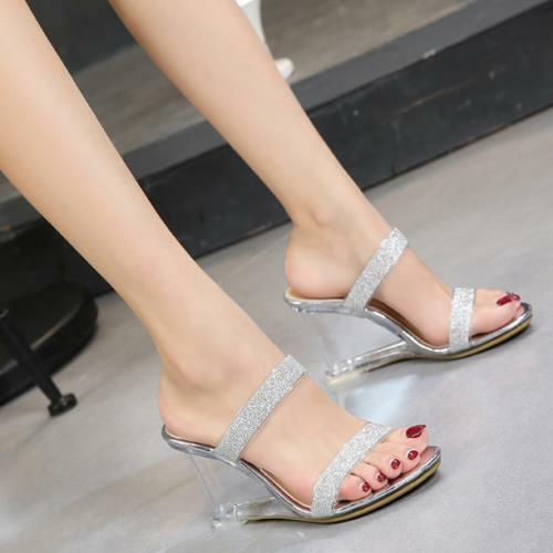 PANTOFOLA D’ORO Pantofole paillette donna moda estate punta aperta zeppa trasparente tacchi alti