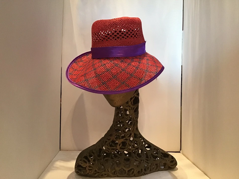 Sombrero de Paja Vintage Sombrero para el Sol Rojo Púrpura Cinta Visera Ajustable Playa Foto 3 de 4