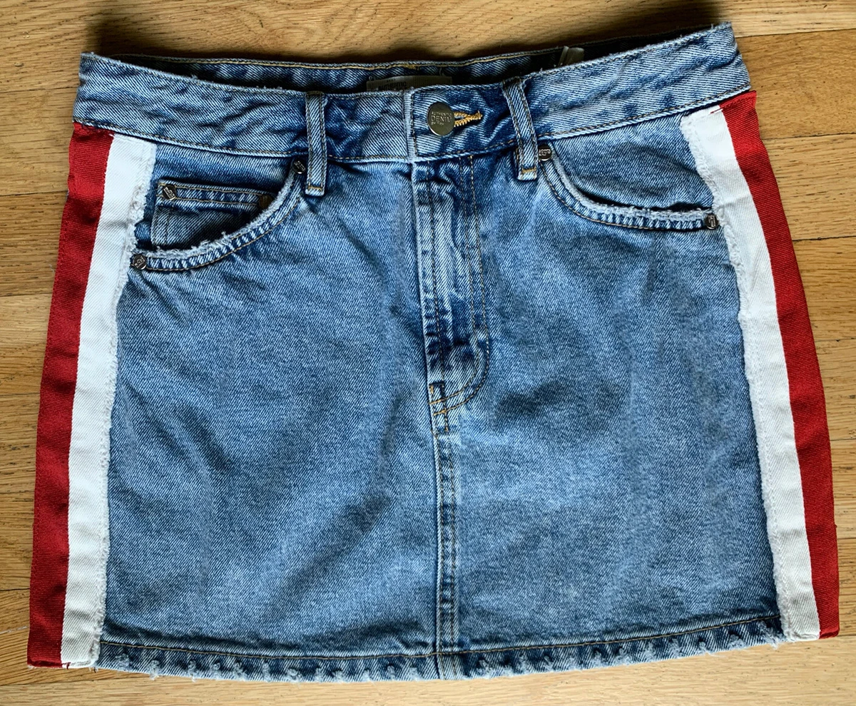 Denim skirt with 2025 red and white stripe