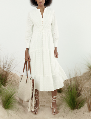 Robe Midi Zara Imprimé Ethnique Blanc/écru Style Boho Hippie Taille S, Neuf Avec étiquettes