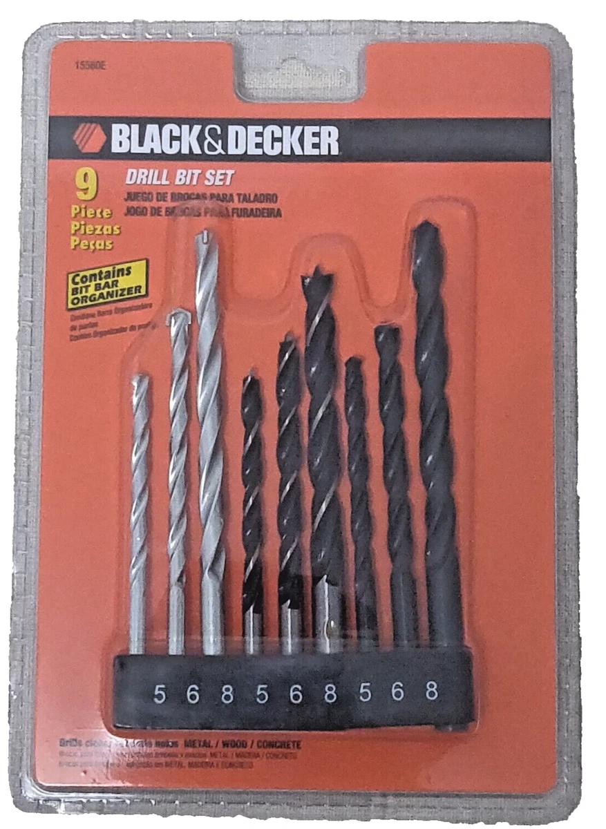 Black & Decker 9 Piece Drill Bit Set With Bit Bar 15560E Metal Wood Concrete NEW