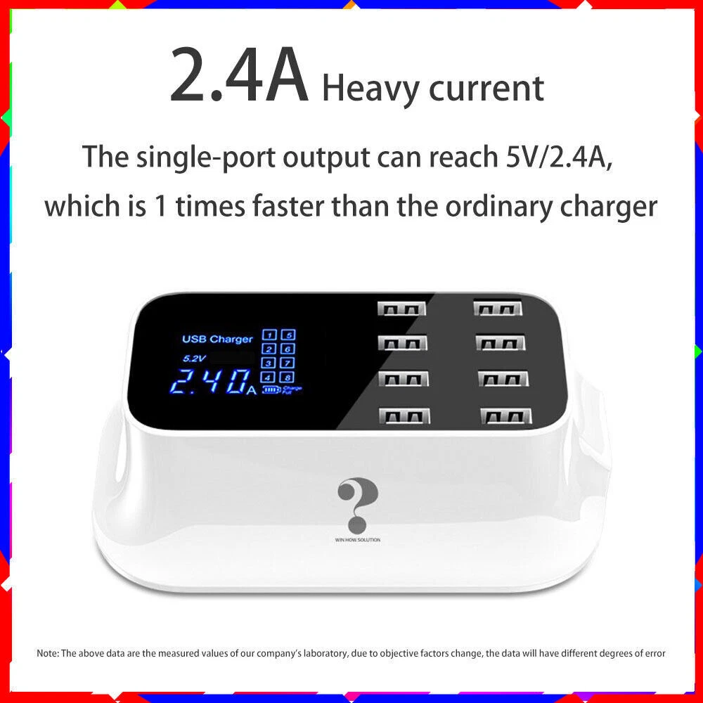 40W 5V/8A Multi-Port USB Hub with AC Adapter for Desktop & Travel Charging