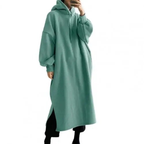 Oversized Hoodie Dresses rregular Hem Polyester Drawstring Hooded Sweatshirt - Picture 7 of 28