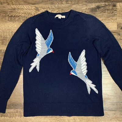ANN TAYLOR LOFT Crew Neck Navy Knit Sweater Bird Pattern Women's Size Small 