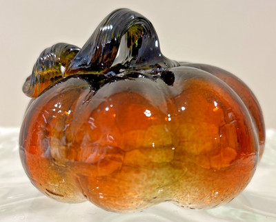 Hand-Blown Amber Glass Pumpkin Figurine, Paperweight, Swirled Vine Fall Decor