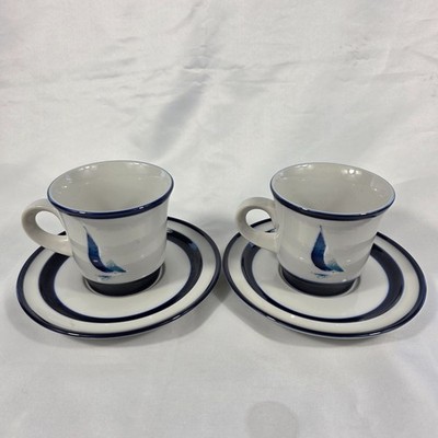 TWO Noritake Primastone Running Free Cup & Saucer Sets Blue Sailboats & Trim