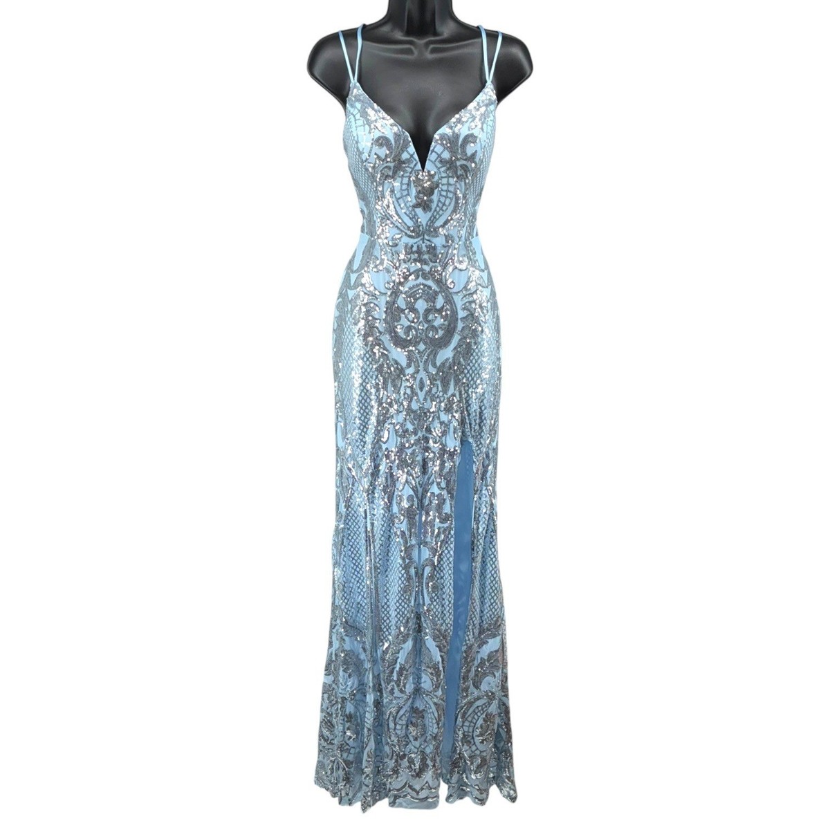 City Triangles Sky Silver Sequin Lace Up Back Prom Dress Slit Gown 11 | eBay