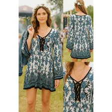 C & V Chelsea & Violet Dress Small Paisley w/Tassels Boho Chiccore Cottagecore