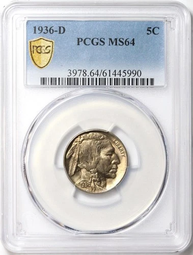 1936-D 5c Buffalo Nickel PCGS MS64 - Great Luster - Lightly Toned