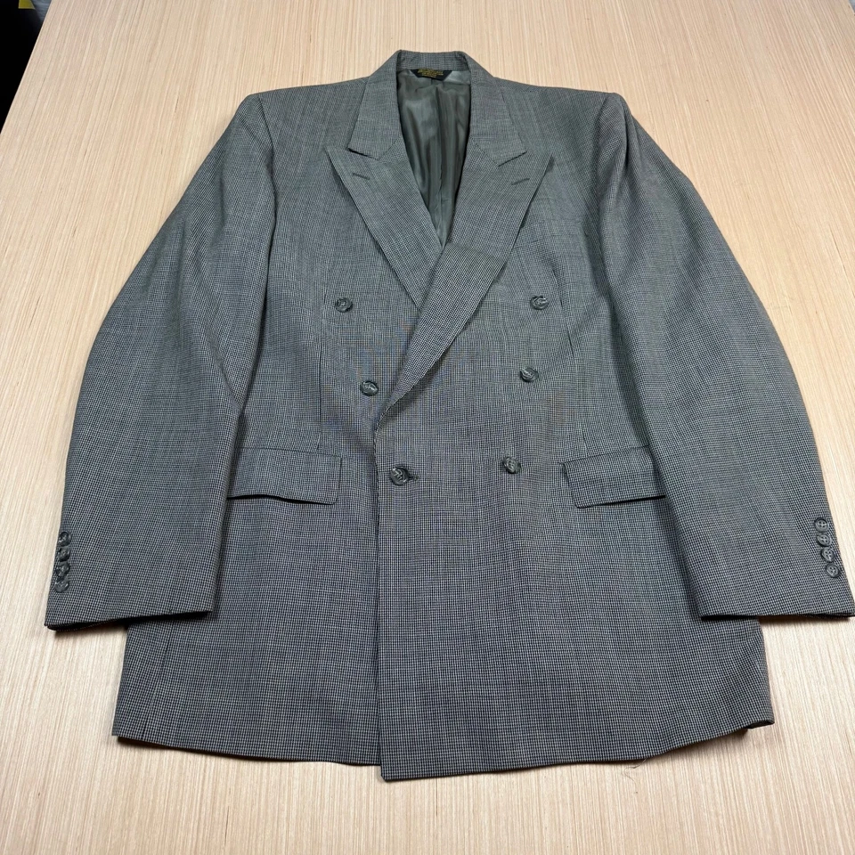 Vintage Black White Houndstooth Suit 90s Double Breasted 48 Blazer Pants 38x33 - Image 2 of 4