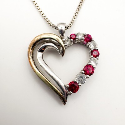 Open Heart Pendant 18  Necklace 10K YG, 925 Sterling Silver, Ruby and CZ