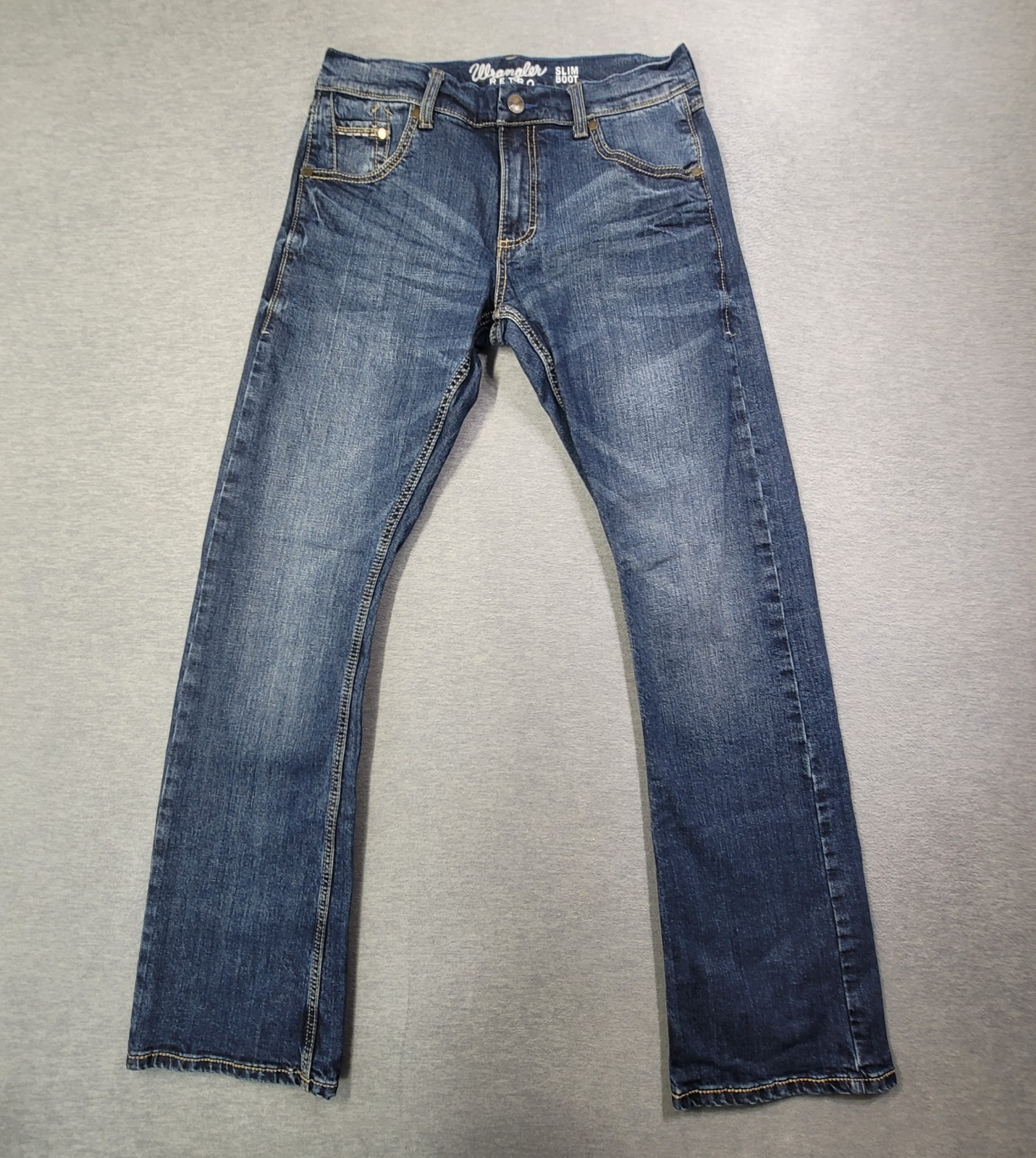 Wrangler Jeans Mens 30x34 Blue Whiskered Retro Slim Boot Stretch Cowboy Western