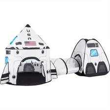 White Rocket Ship Pop up Play Tent with Tunnel and Playhouse Kids Indoor Outdoor