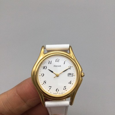 Pulsar Watch Womens 29mm Gold Tone Date V782-0520 Leather Band New