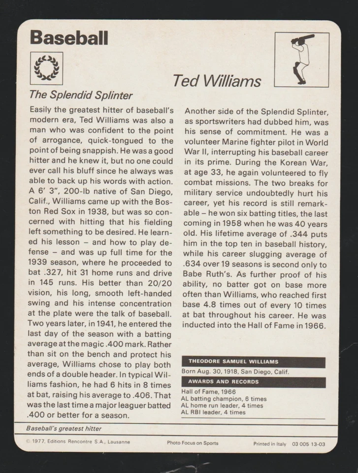 TED WILLIAMS 华盛顿参议员照片卡 1977 - 79 SPORTSCASTER 卡 #13-03 — 第 2/2 张图片