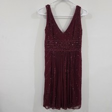 Vintage Womens Mini Silk Dress Size 6 Maroon Red Beaded Sequin Babydoll Glam