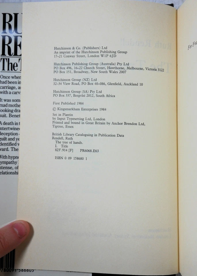 THE TREE OF HANDS - Ruth Rendell (1984 Hardcover, 1st UK Ed. / 1st Print) - Image 2 of 3