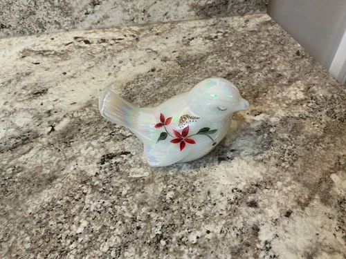 Vintage Fenton Hand Painted Iridescent Bird Figurine with red flowers signed