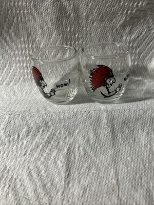 Indian Chief Barrel Shaped Clear 2 1/8'' Shot Glass ''HOW'' Antique Vintage GWB4#8