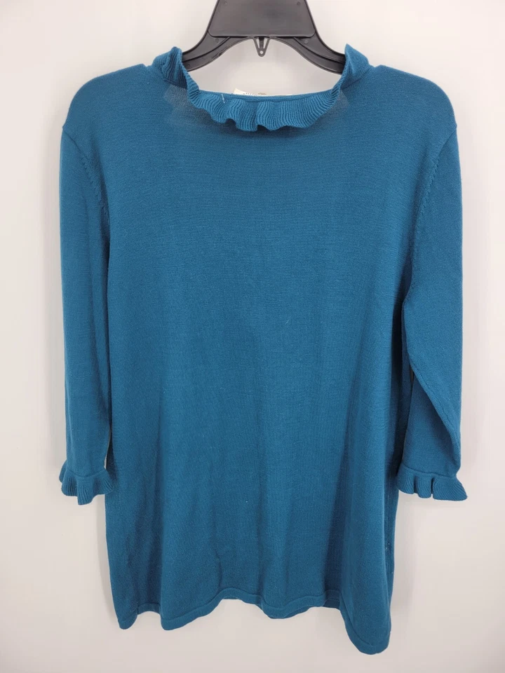 TravelSmith 毛衣女式大号蓝色荷叶边 V 领长袖针织套衫 — 第 2/4 张图片