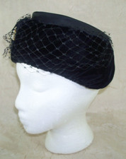 Vintage 60's MILBRAE Netted Black Velvet Jeweled Pillbox Hat Women's Union-Made