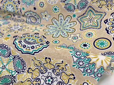 AQUARIUS Flower Mandala Stars Hippy Print Fabric Curtain Material 53' wide BLUE