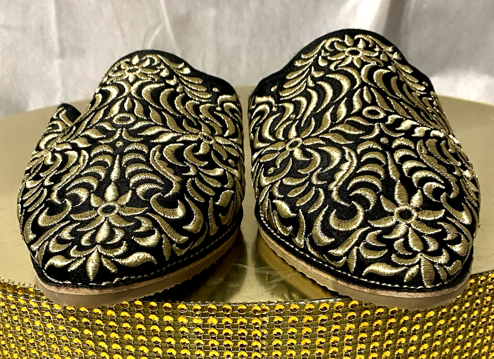 PANTOFOLA D’ORO Pantofole donna La Gazelle El Aymani marocchine nere oro ricamate taglia 9