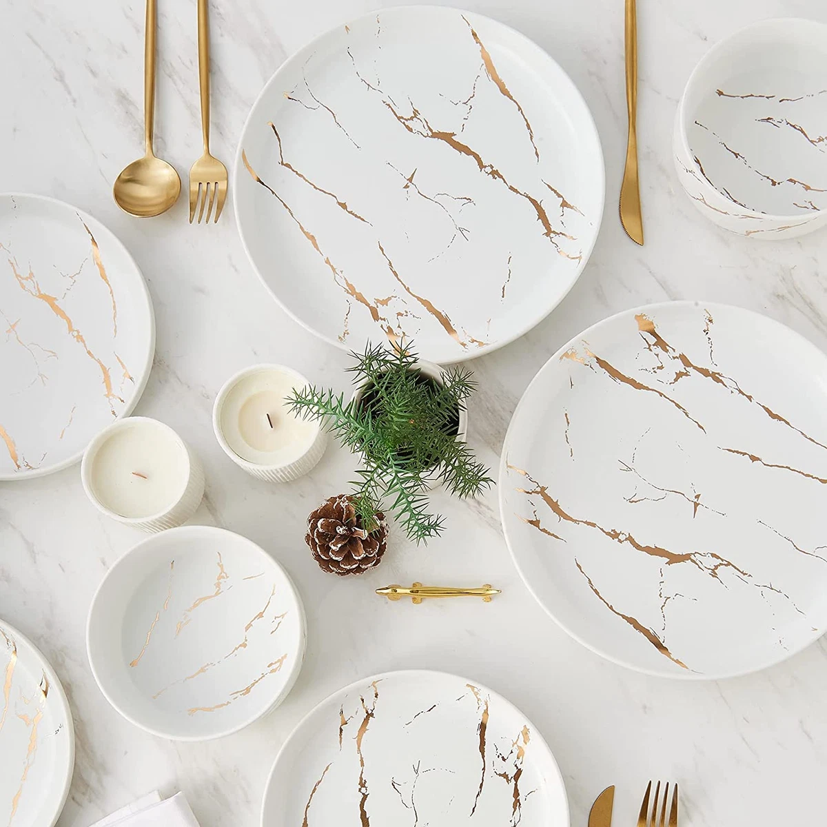 Gold Splash Dinnerware Sets 12 Pieces Plates and Bowls Sets Modern Marble Porc