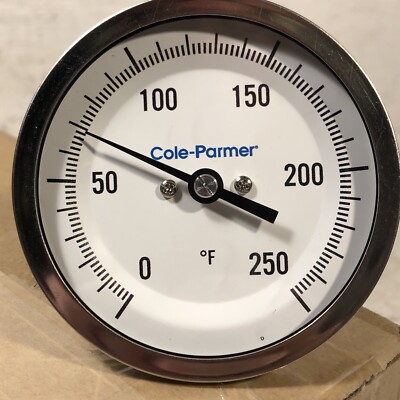 NEW 3  Dial Bimetal Thermometer 0-250 Deg. F 12  Stem 1/2  NPT Rear Cole-Parmer