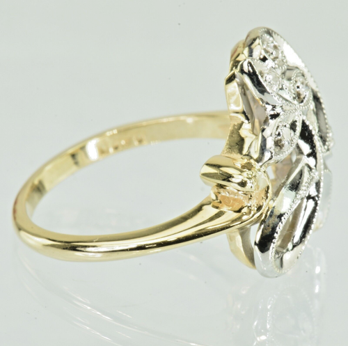 Vintage 14k Solid Gold Round Natural Diamond Retro Floral Ribbon Bow Ring - Picture 4 of 9