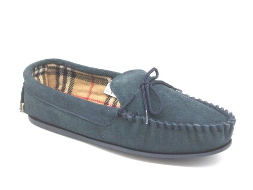LADIES SIZE 3 4 5 6 7 8 BLUE BEIGE SUEDE LEATHER NON SLIP ON MOCCASIN SLIPPERS - Picture 3 of 12
