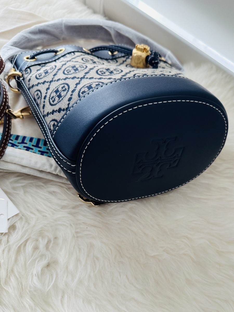 NWT Tory Burch Classic Navy T Monogram Jacquard MINI Bucket Bag