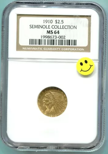1910 $2.5 GOLD INDIAN QUARTER EAGLE NGC MS64 MS-64 BETTER DATE Older Holder !!