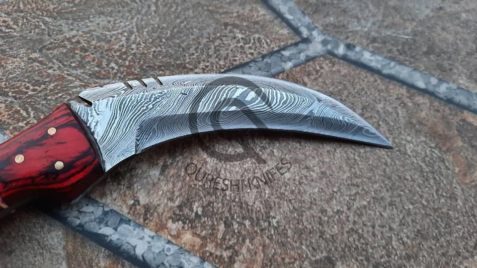 Cuchillo de caza Karambit de acero Damasco hecho a mano personalizado de 10" con funda de cuero Foto 3 de 4