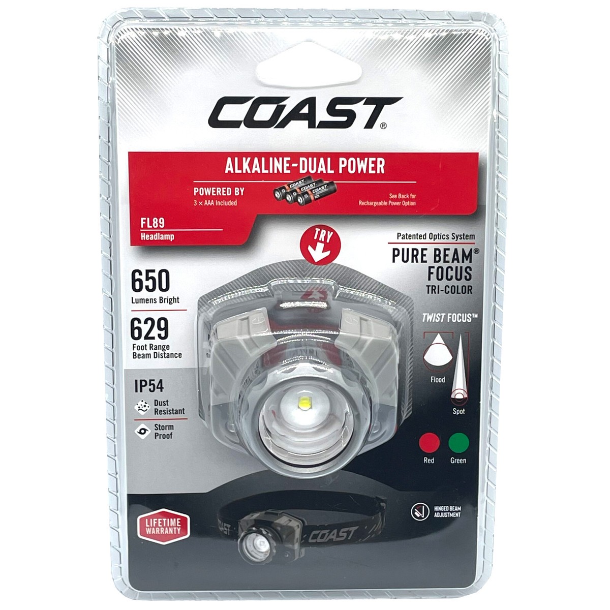 COAST 650-Lumen LED HEADLAMP Pure Beam Focus TRI-COLOR | TWIST 